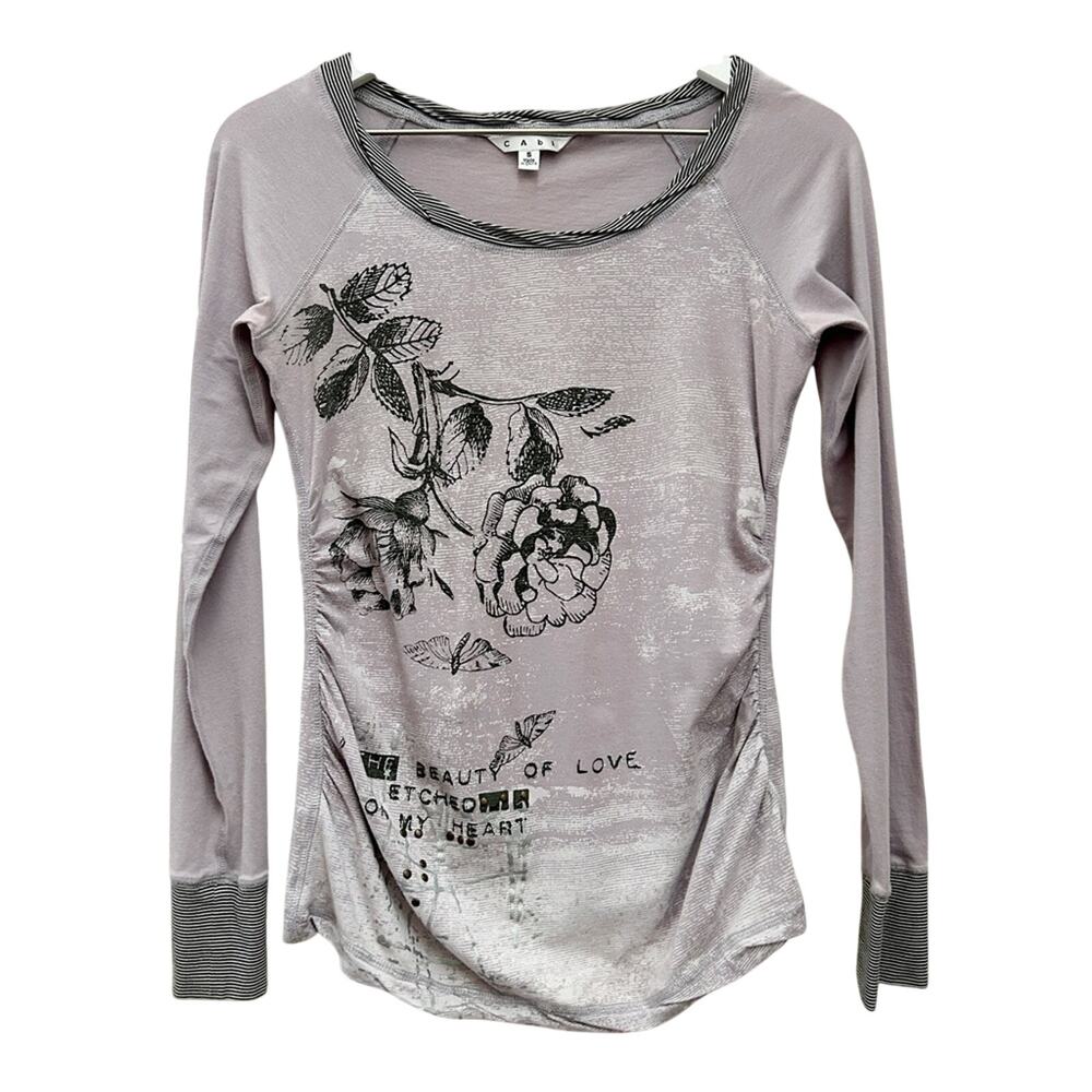 CABI Gray Floral Graphic Long Sleeve Top Ruched Sides Studded Small